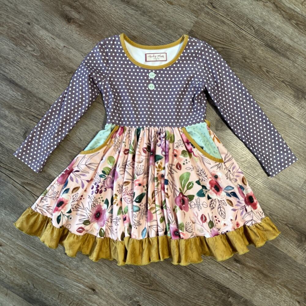 Cheeky Plum Girls 4T Elara Dress Blackberry Jam Lonsleeve Polka Dot Twirl